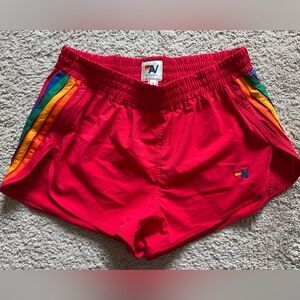 Aviator Nation Red Shorts with Rainbow Accents